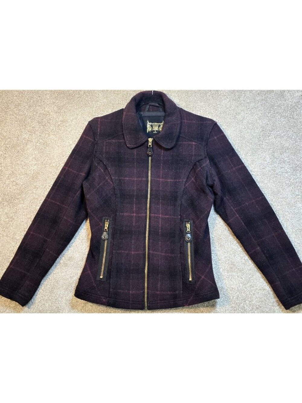 Ruff Hewn Wool Blend Jacket Coat Burgundy Plaid Short Lined Full Zip Slim Small